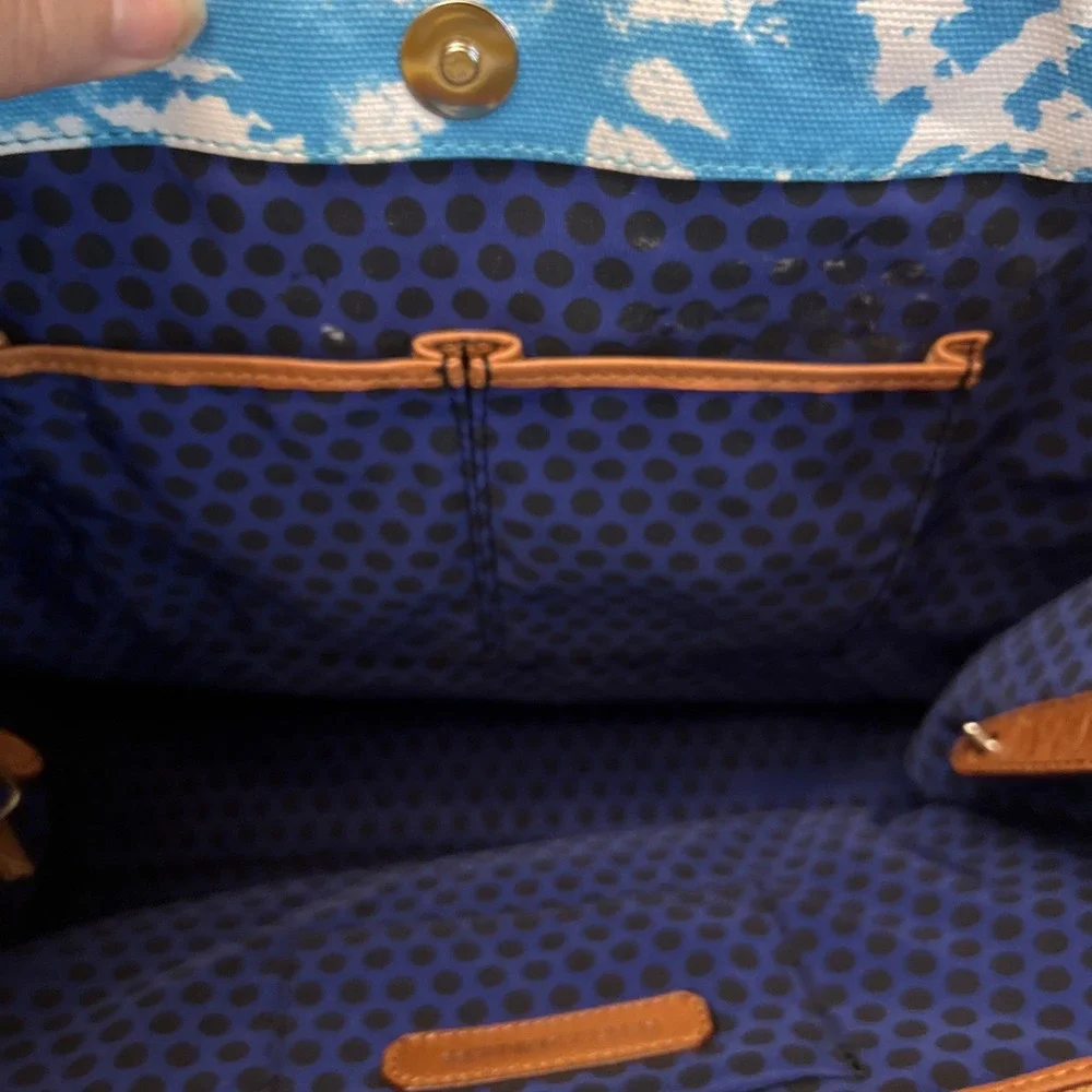 MINKOFF Large Blue Tie Dye Tote Bag  Coated Canvas Leather Handles/Trim BOHO